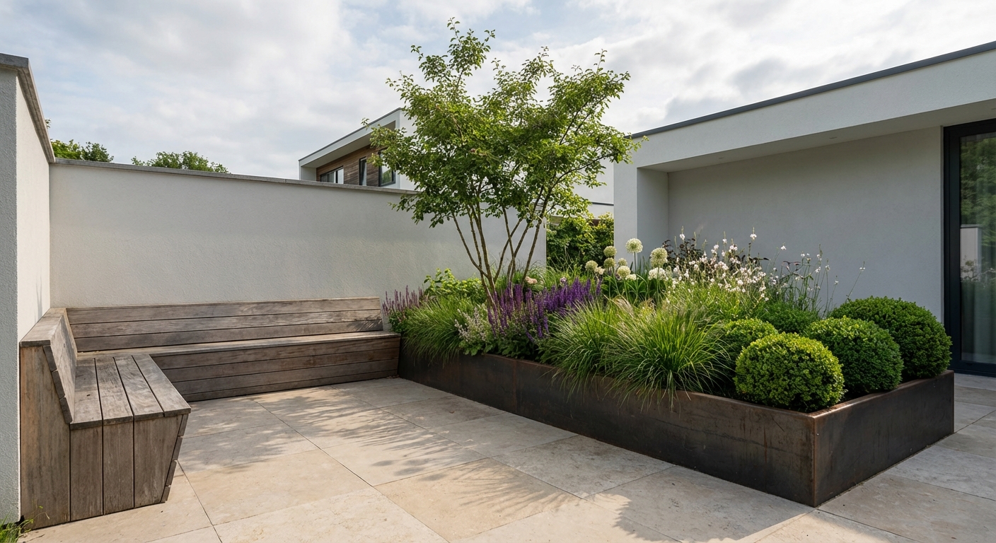 Exclusieve designerhoek met cortenstaal en siergrassen — premium tuinontwerp