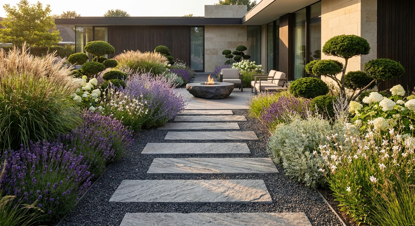 Luxe tuinpad met stapstenen en vuurtafel — exclusief tuinontwerp