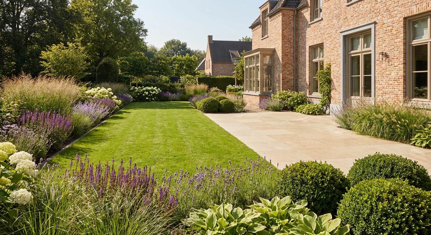 Luxe tuin rondom een elegante Nederlandse woning — gazon en beplanting
