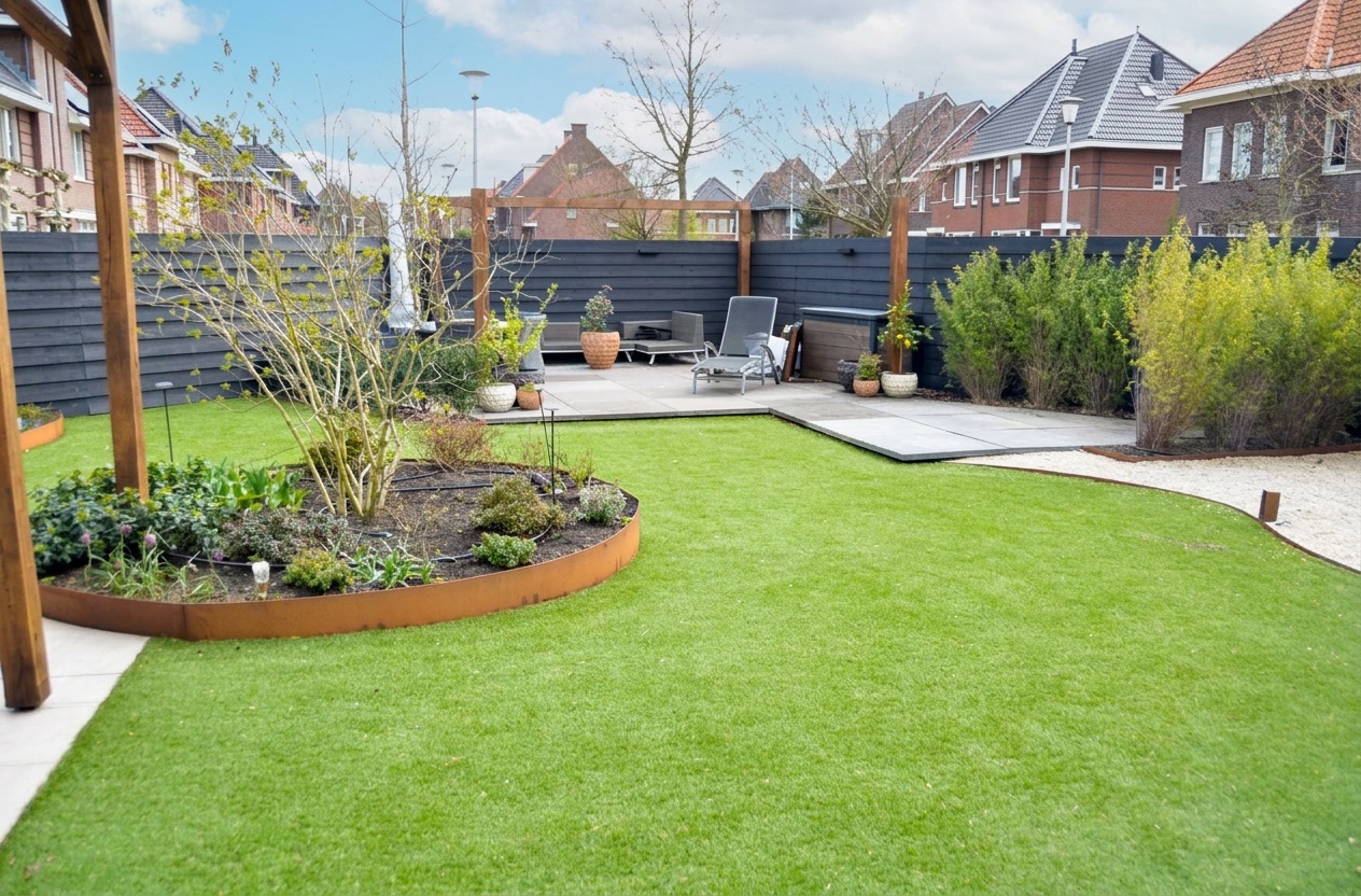 Ruim gazon met ronde border en terras, tuinontwerp Berkel en Rodenrijs