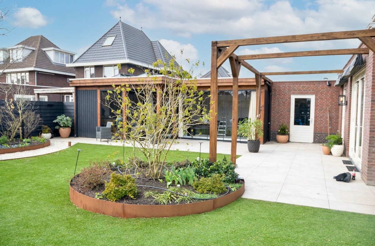 Pergola met border en gazon in de achtertuin
