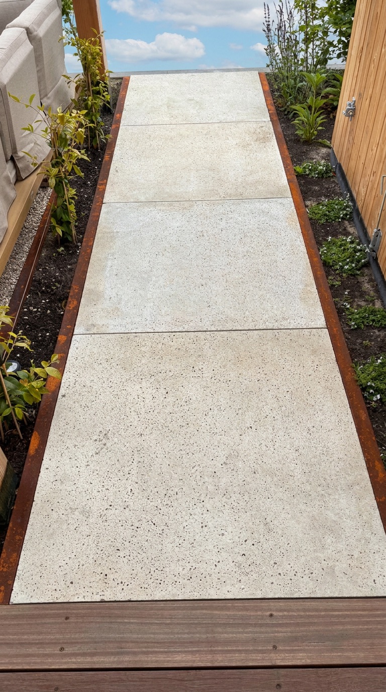 Strak bestraat pad met borderbeplanting richting de berging