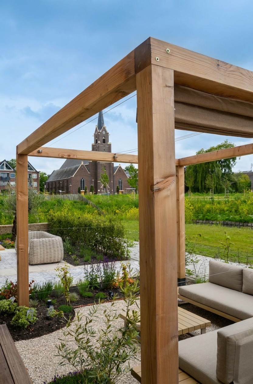 Houten pergola in de achtertuin met zicht op de woning