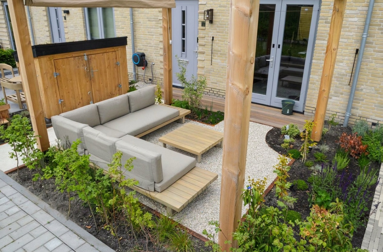 Loungeset onder de pergola met beplanting, tuin Berkel en Rodenrijs