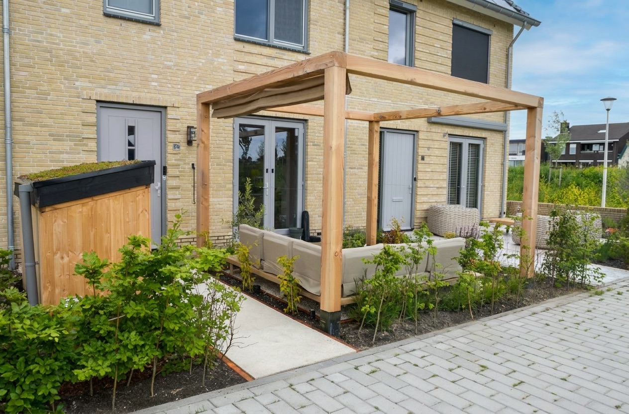 Pergola en bestrating bij de tuinaanleg in Berkel en Rodenrijs