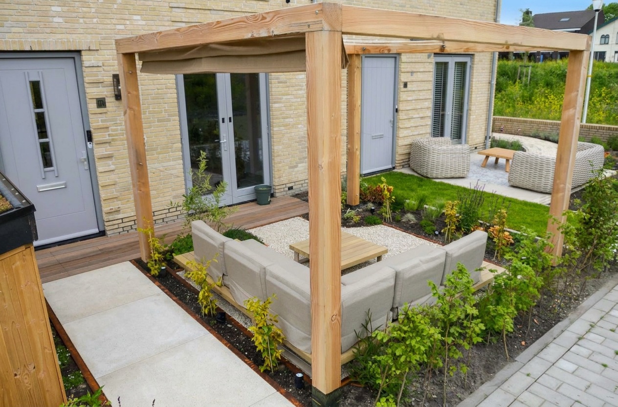 Houten pergola met loungeset op het terras, tuinaanleg Berkel en Rodenrijs