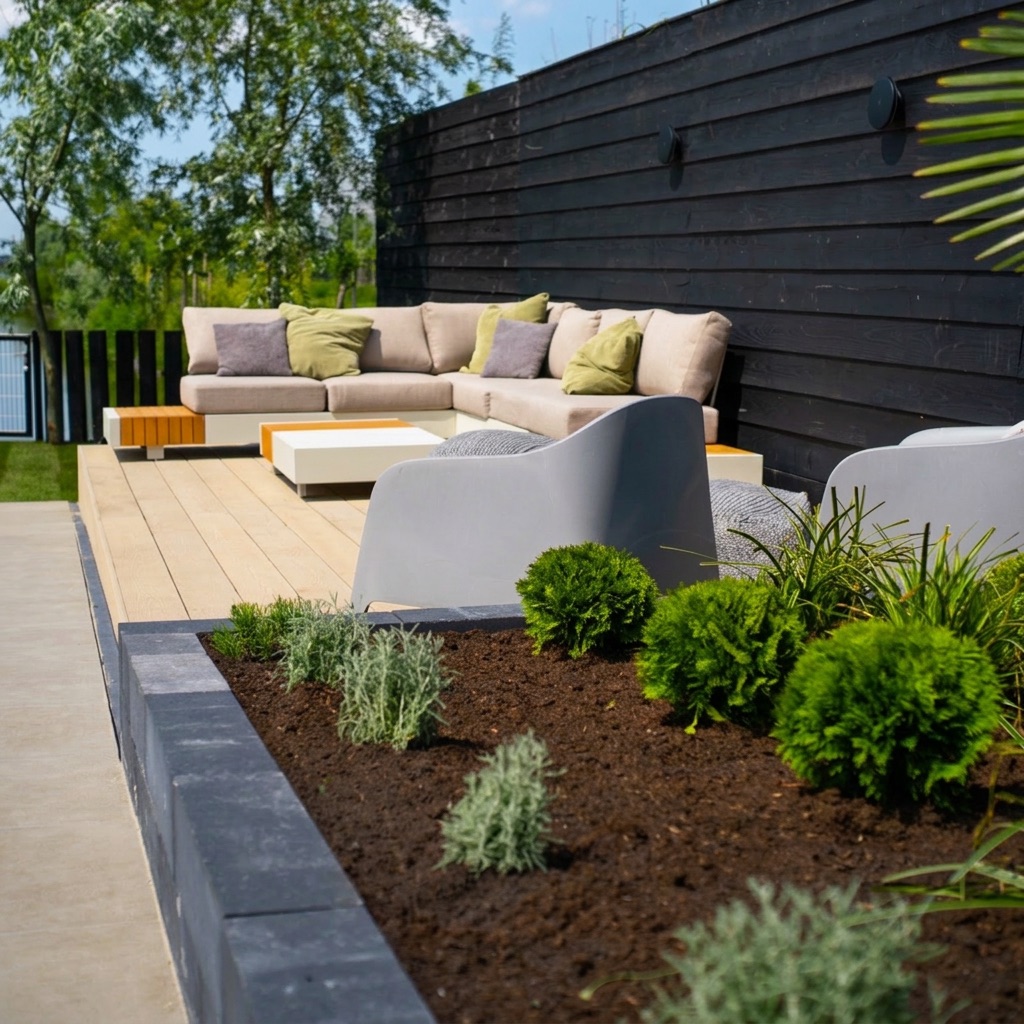Buitenleven met loungehoek en terras in een aangelegde tuin