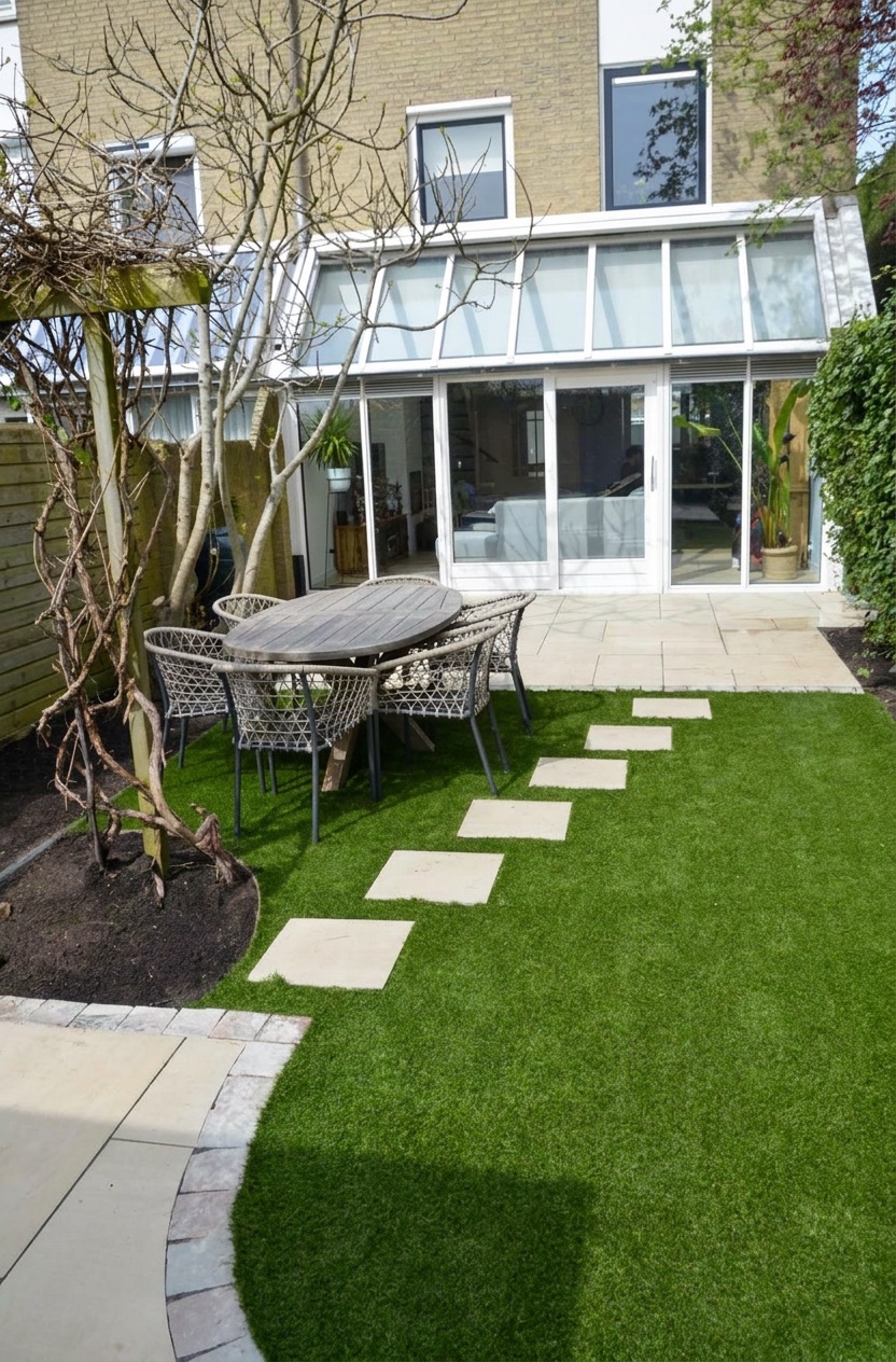 Strak terras met vlonderpad en gazon na de tuinrenovatie in Delft
