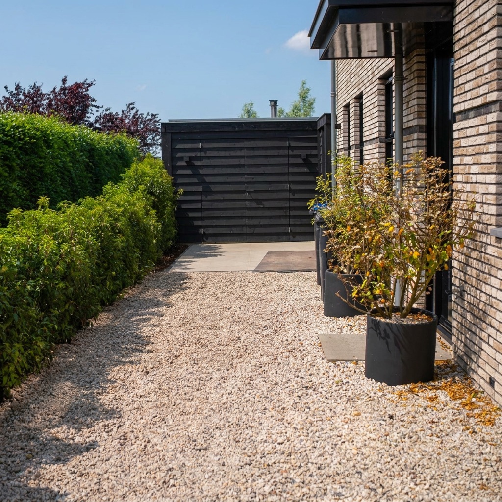 Grindpad met haag langs de moderne woning