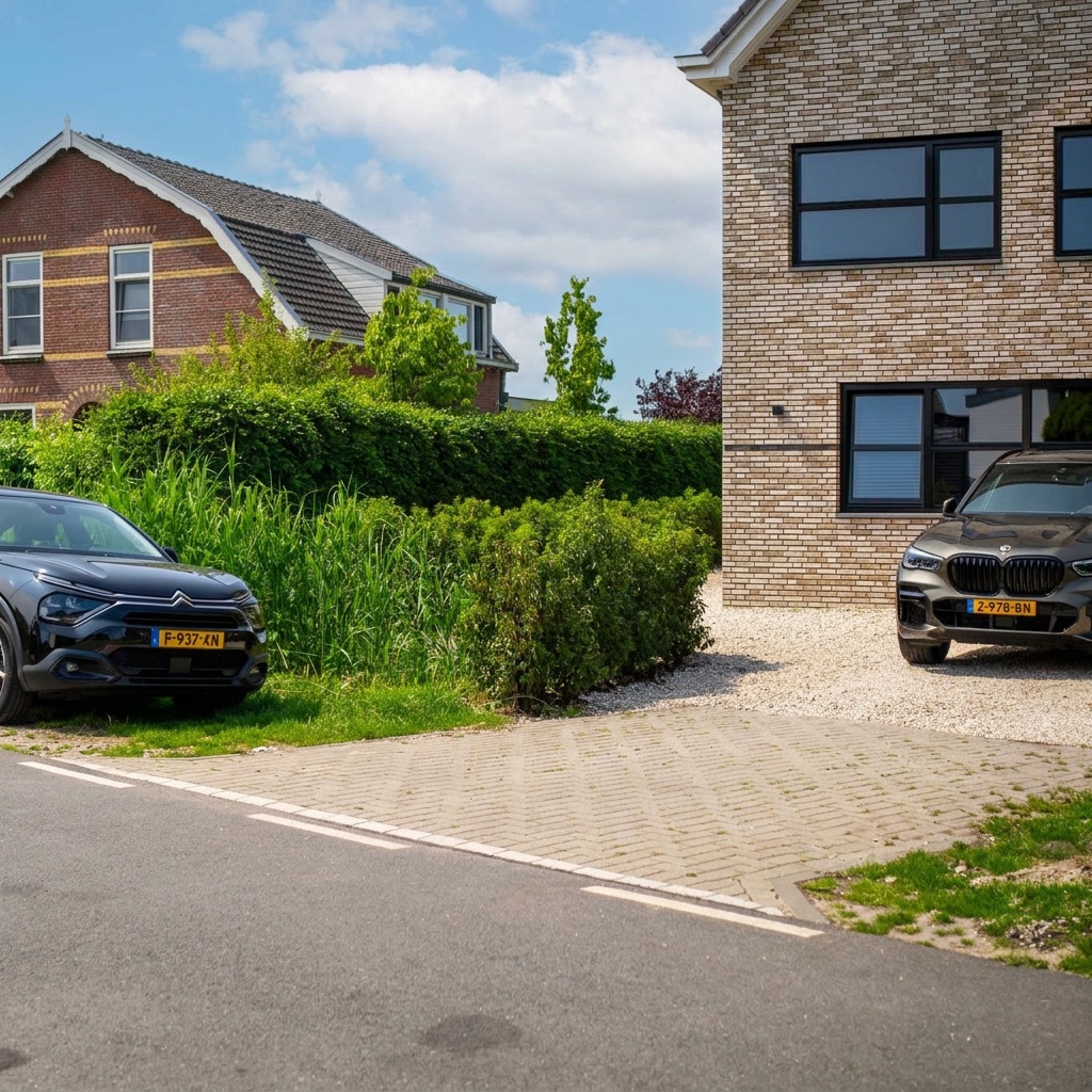 Oprit met grind en beplanting bij de moderne woning