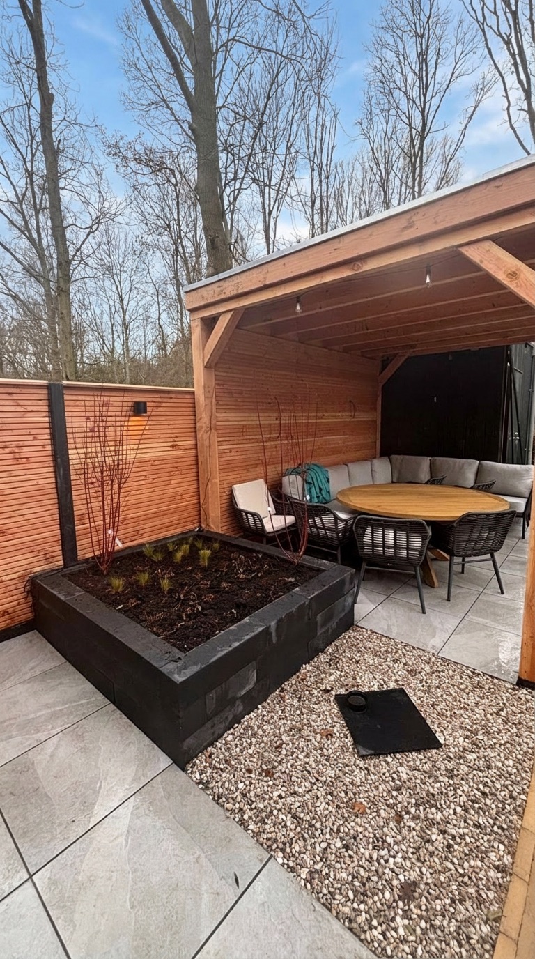 Eethoek onder de overkapping met plantenbak