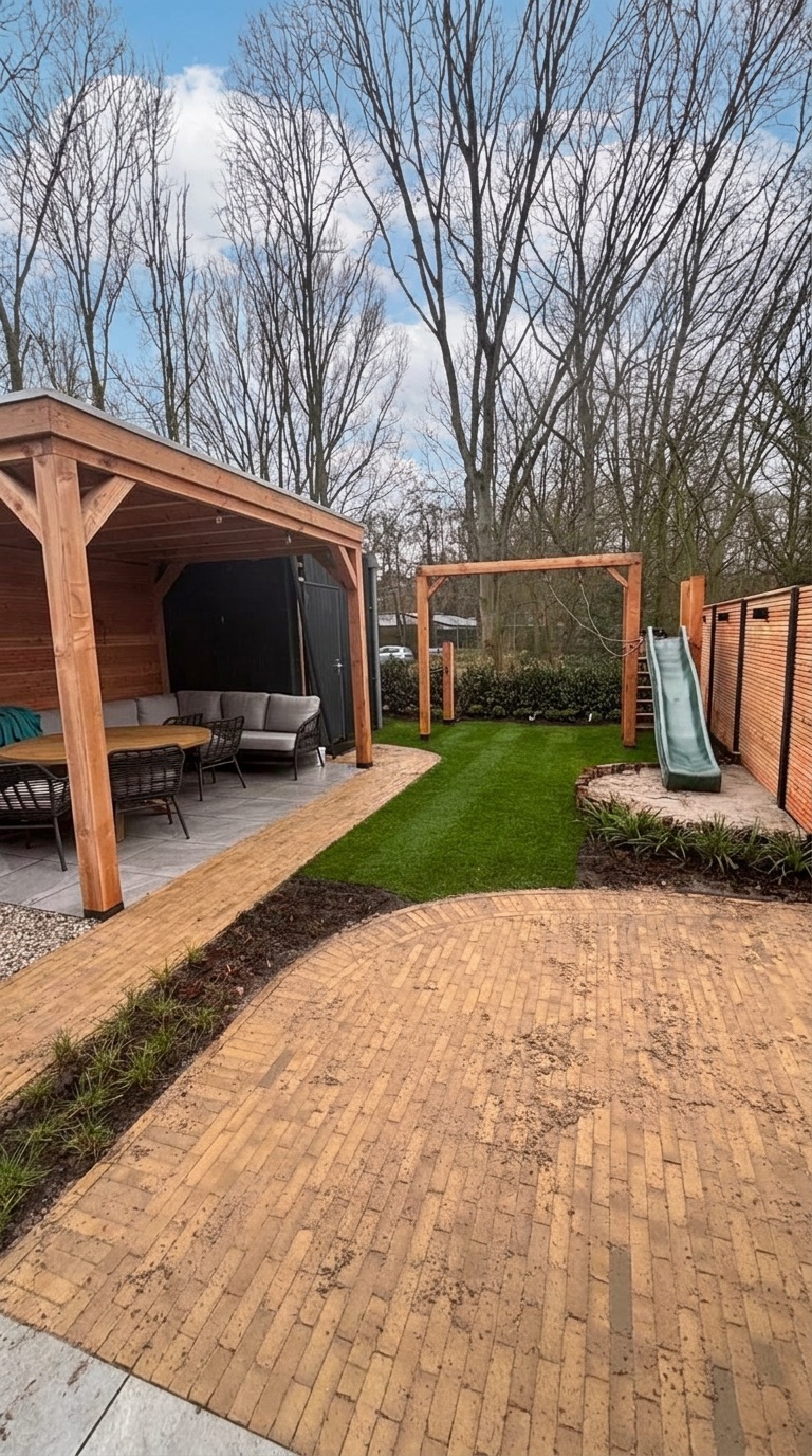 Overkapping met loungeset en vlonder in de tuin in Rijswijk