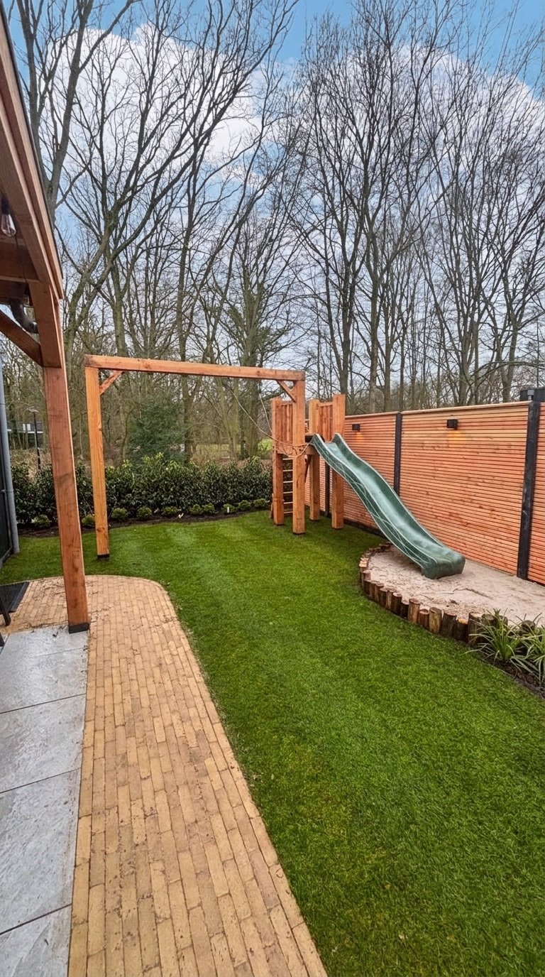 Speelgazon met glijbaan en bestrating naast de overkapping
