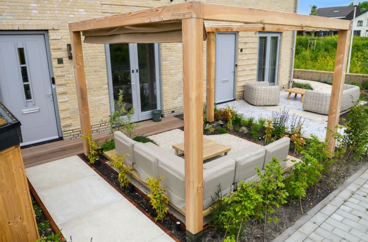 Tuinaanleg Berkel en Rodenrijs, complete tuin met houten pergola, loungeset en terras