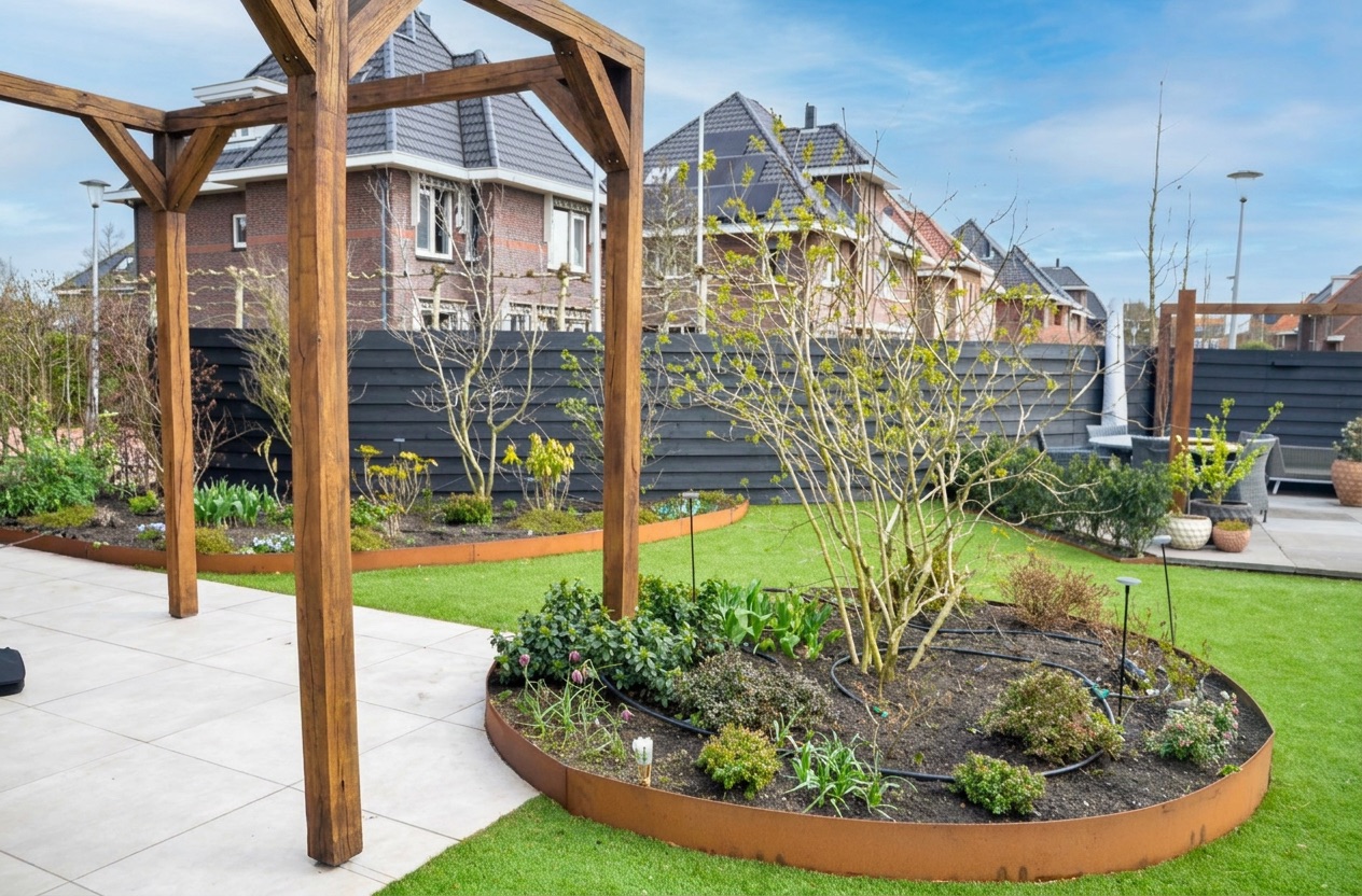 Tuinontwerp Berkel en Rodenrijs, ruime achtertuin met gazon, ronde border en pergola
