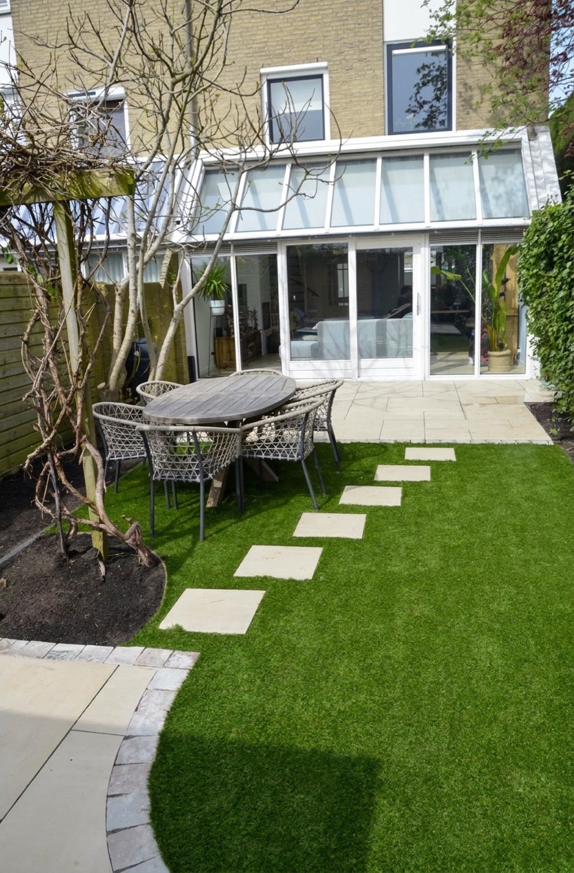 Tuinontwerp Delft, strak terras met vlonderpad, eethoek en gazon